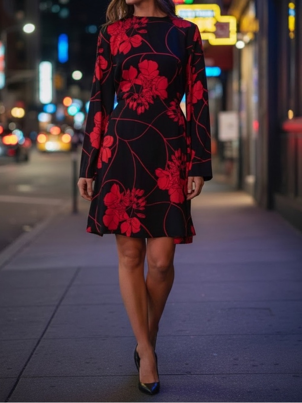 Judith & Charles Black Floral dress Long Sleeve Tie Waist Sheath Shift Dress 4